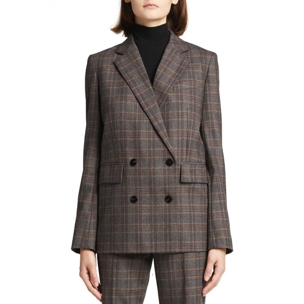 Theory Womens Griffin Checked Double-Breasted Wool Blazer 2 Brown Multi NWT $595